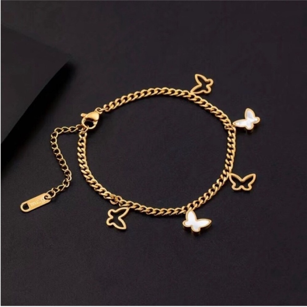 Womens 18K Plated Stainless Steel White Shell Multi Butterfly Bracelet Boho Chic